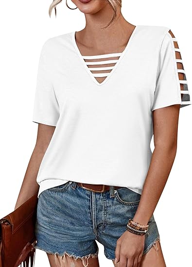 Women's Spring V Neck T-Shirt Loose Fit Hollow Out Short Sleeve Casual Summer Basic Tops for 2025 Beach Vacation