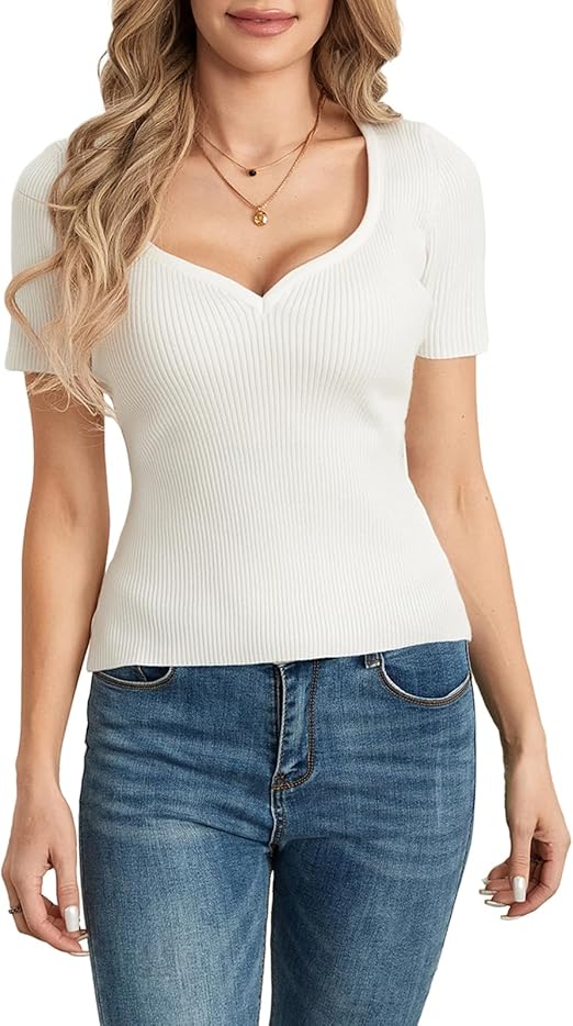 Women's Short Sleeve V Neck Ribbed Knit T-Shirts Summer Casual Solid Color Slim Fit Basic Tee Tops Fashion 2024