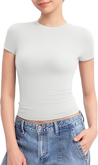 Women T Shirt 2025 Summer Basic Tops Crop Short Sleeve Slim Fit Tee Fashion Gym Workout Clothes