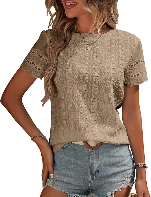 Womens Eyelet Embroidery Short Sleeve Round Neck Shirts Summer Loose Fitting T Shirt Hollow Out Top 2024