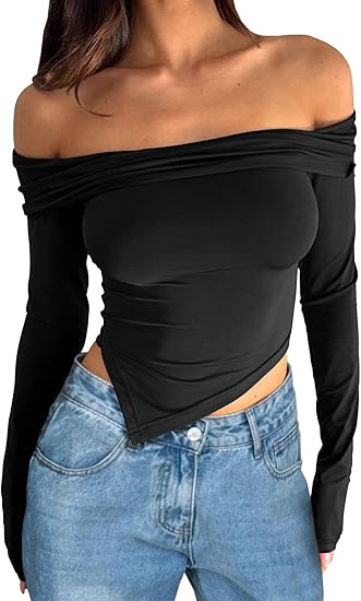 Off Shoulder Tops Women: Long Sleeve Crop Top Shirts Going Out Y2k Asymmetrical Fall 2024 Cute Slim Fit Clothes