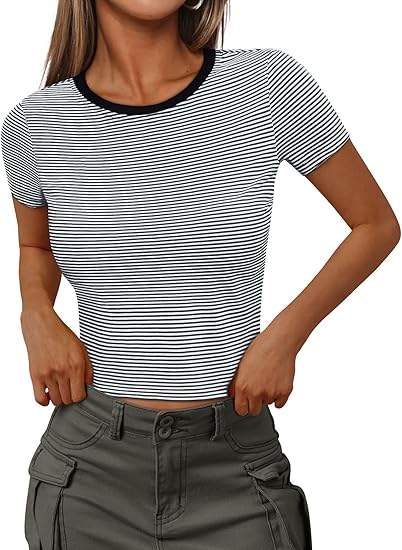 Womens Summer Short Sleeve Striped T Shirts Crewneck Slim Fit Blouse Fashion Baby Tees 2025 Crop Tops