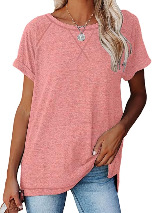 Womens Tops Crewneck Raglan Summer T Shirts Casual Short Sleeve Side Split Tee Shirts