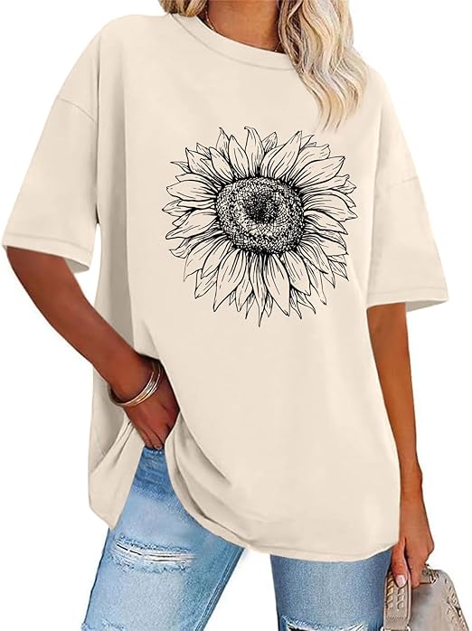 Sunflower Graphic Tees Oversized Vintage Shirts for Women Casual Printed Tshirts Loose Fit Summer Crew Neck Tops