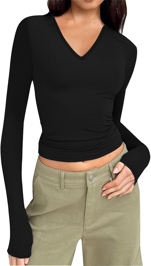 Women's Long Sleeves T-Shirt Stretch Slim Fitted Short Layer Tops Comfy Lightweight Sexy V-Neck Winter Undershirts