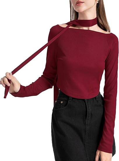 Women's Going Out Crop Tops Long Sleeve Boat Neck Knit Slim Fit Tie Up Y2K Shirts 2025 Trendy T-Shirt