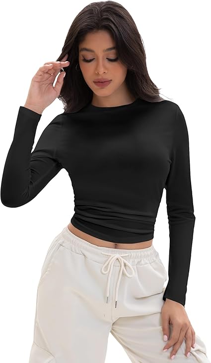Womens Long Sleeve T Shirts Crew Neck Slim Fit Tops Solid Basic Tee Women Fall Winter Clothes