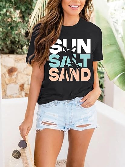 Beach Sun Salt Sand Tshirt for Women Coconut Tree Letter Graphic Tees Summer Vacation Shirts Loose Fit Casual Tops