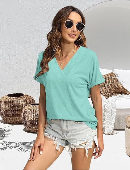 Cute Basic Tops t-Shirts Short Sleeve V Neck Tees Womens Fashion Comfy Lightweight Soft Casual Summer Blouses,Mint Green,S