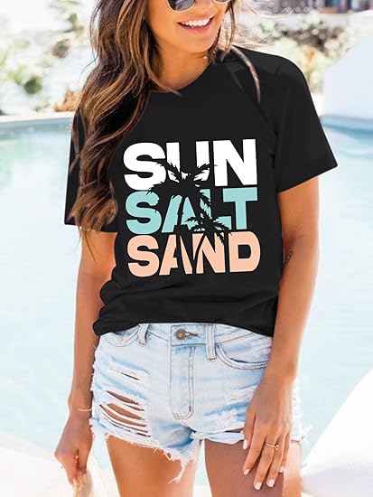 Beach Sun Salt Sand Tshirt for Women Coconut Tree Letter Graphic Tees Summer Vacation Shirts Loose Fit Casual Tops