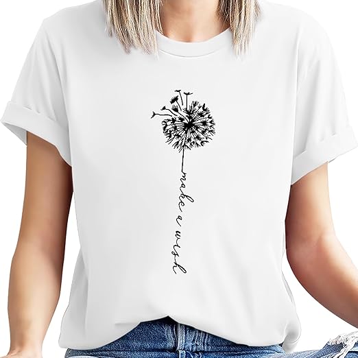 Dandelion Shirt for Women Cute Wildflower Short Sleeved Tops Summer Flower Graphic T-Shirts