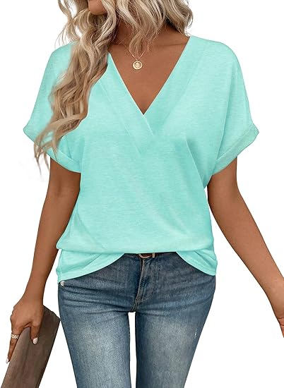 Cute Basic Tops t-Shirts Short Sleeve V Neck Tees Womens Fashion Comfy Lightweight Soft Casual Summer Blouses,Mint Green,S
