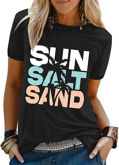 Beach Sun Salt Sand Tshirt for Women Coconut Tree Letter Graphic Tees Summer Vacation Shirts Loose Fit Casual Tops