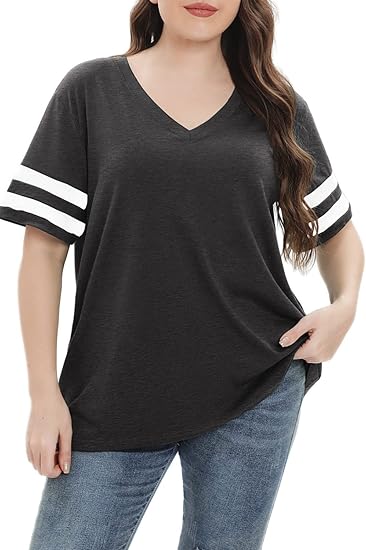 Womens Plus Size Tops Summer Short Sleeve Casual Loose Tunic V Neck Tee T Shirts 1X-5X