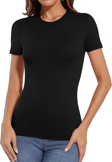 Women Crew Neck Short Sleeve Fitted Stretchy Summer Basic Tops T Shirts 2024