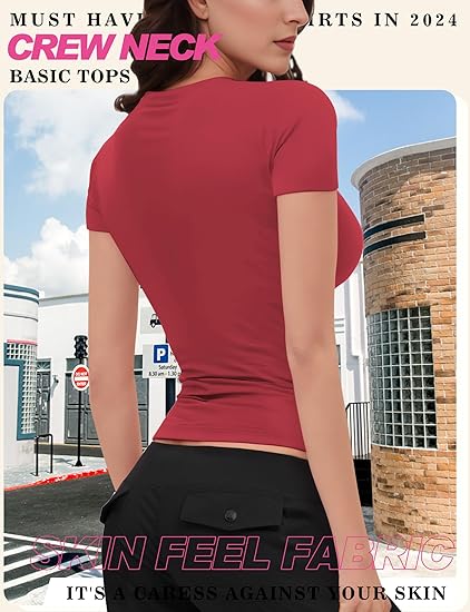 Womens Casual Basic Crop Tops Summer Autumn White Black Short Sleeve Crew Neck T Shirts Slim Fit Tees Plain Going Out Y2k Plain Cute Tops Tight Fitted Compression Baby Tee Shirts Trendy Clothes 2024