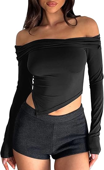 Off Shoulder Tops Women: Long Sleeve Crop Top Shirts Going Out Y2k Asymmetrical Fall 2024 Cute Slim Fit Clothes
