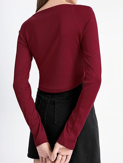 Women's Going Out Crop Tops Long Sleeve Boat Neck Knit Slim Fit Tie Up Y2K Shirts 2025 Trendy T-Shirt