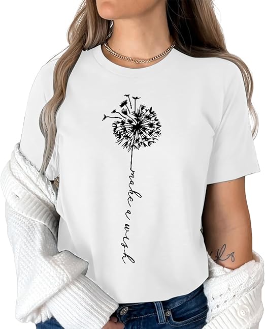 Dandelion Shirt for Women Cute Wildflower Short Sleeved Tops Summer Flower Graphic T-Shirts