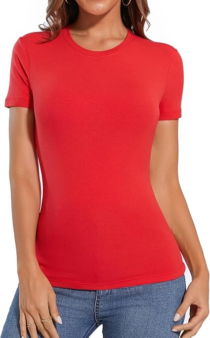 Women Crew Neck Short Sleeve Fitted Tops Ribbed Stretchy Summer Basic T Shirts 2024