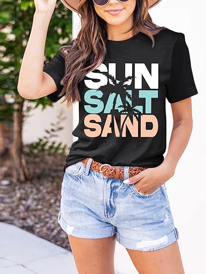 Beach Sun Salt Sand Tshirt for Women Coconut Tree Letter Graphic Tees Summer Vacation Shirts Loose Fit Casual Tops