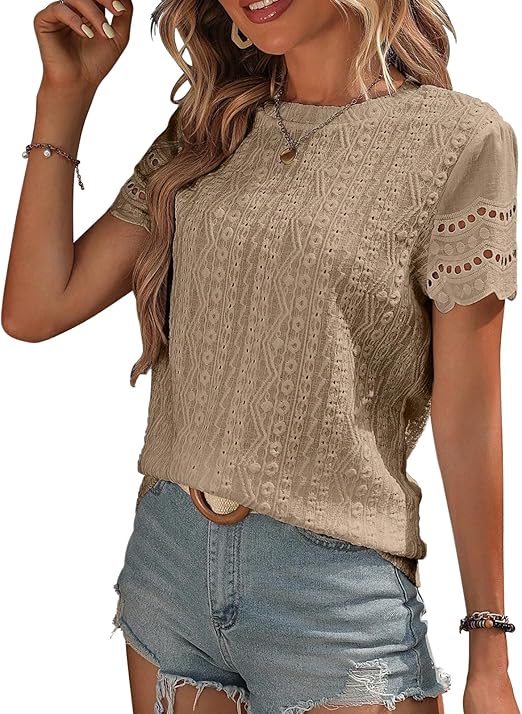 Womens Eyelet Embroidery Short Sleeve Round Neck Shirts Summer Loose Fitting T Shirt Hollow Out Top 2024
