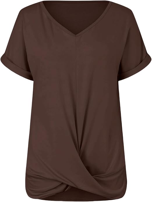 Women's Comfy Casual Summer Tops Short Sleeve V Neck Blouses T Shirts Twist Knot Basic Tees
