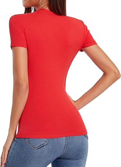 Women Crew Neck Short Sleeve Fitted Tops Ribbed Stretchy Summer Basic T Shirts 2024