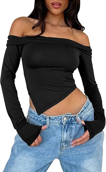 Off Shoulder Tops Women: Long Sleeve Crop Top Shirts Going Out Y2k Asymmetrical Fall 2024 Cute Slim Fit Clothes