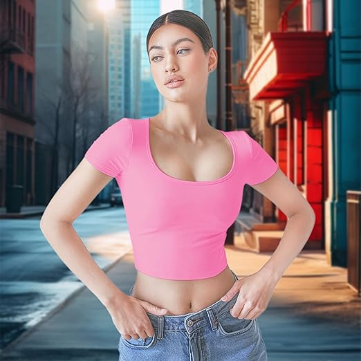 1 & 9 Crop Tops for Women Scoop Neck Short Sleeve Polyester Slim Fit Y2k Trendy Summer 2025 Basic Half Tee for layring