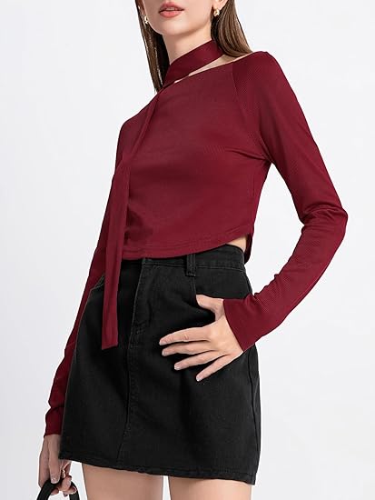 Women's Going Out Crop Tops Long Sleeve Boat Neck Knit Slim Fit Tie Up Y2K Shirts 2025 Trendy T-Shirt