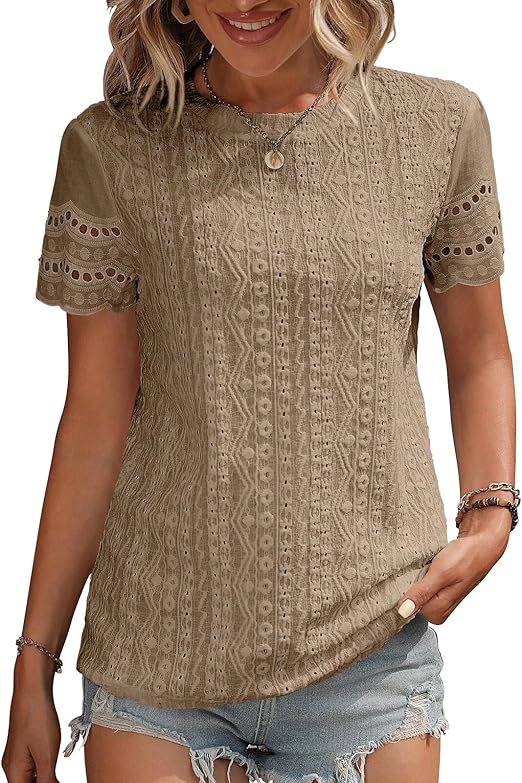 Womens Eyelet Embroidery Short Sleeve Round Neck Shirts Summer Loose Fitting T Shirt Hollow Out Top 2024