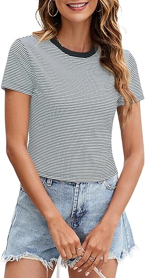 Womens Summer Short Sleeve Striped T Shirts Crewneck Slim Fit Blouse Fashion Baby Tees 2025 Crop Tops
