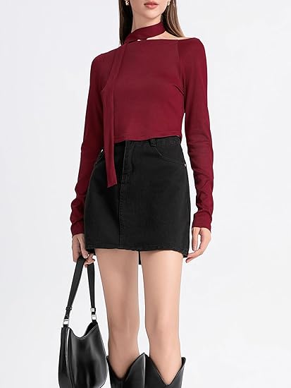 Women's Going Out Crop Tops Long Sleeve Boat Neck Knit Slim Fit Tie Up Y2K Shirts 2025 Trendy T-Shirt