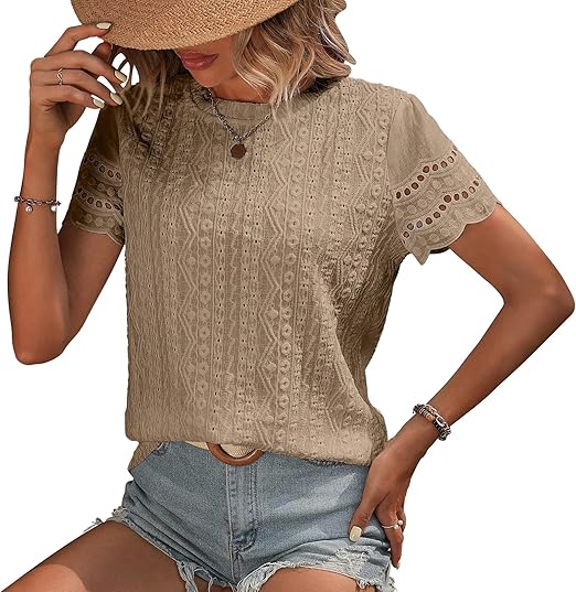 Womens Eyelet Embroidery Short Sleeve Round Neck Shirts Summer Loose Fitting T Shirt Hollow Out Top 2024