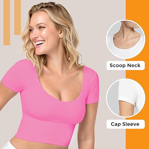 1 & 9 Crop Tops for Women Scoop Neck Short Sleeve Polyester Slim Fit Y2k Trendy Summer 2025 Basic Half Tee for layring