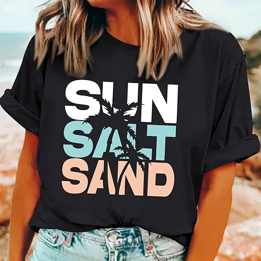 Beach Sun Salt Sand Tshirt for Women Coconut Tree Letter Graphic Tees Summer Vacation Shirts Loose Fit Casual Tops